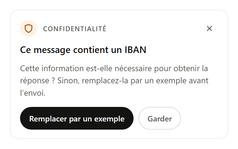 Carte de l’extension : Une donnée sensible dans votre message ? Un clic la remplace par un exemple.