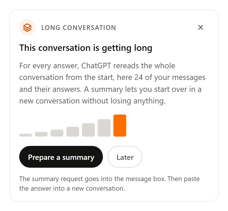 Extension card: A conversation that got too long? The extension prepares a summary to start over.