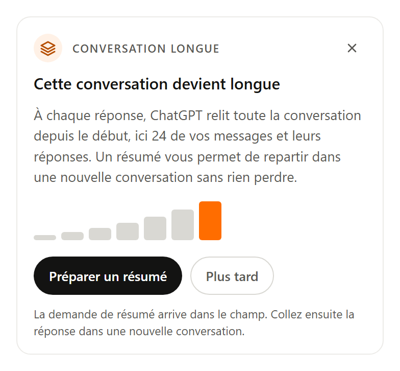 Carte de l’extension : Une conversation trop longue ? L’extension prépare un résumé pour repartir de zéro.