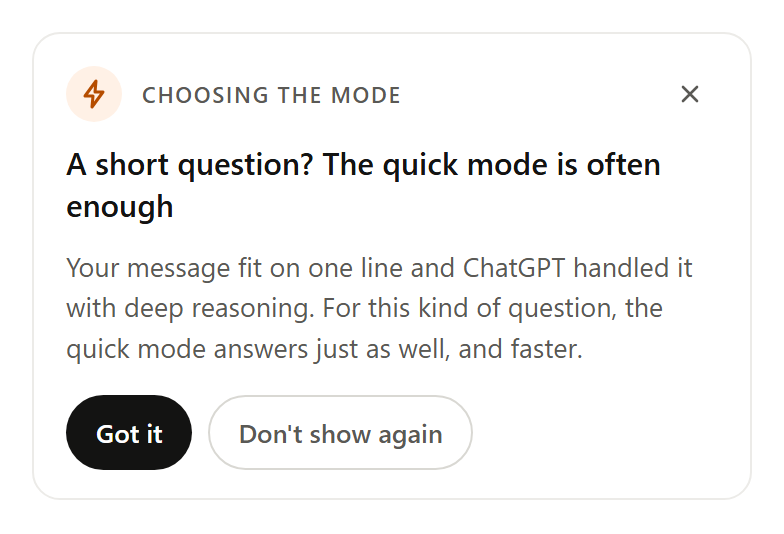 Extension card: A simple question in reasoning mode? The quick mode answers just as well.